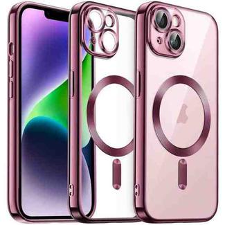 For iPhone 14 Plus Transparent Electroplated Magsafe Magnetic TPU Phone Case(Pink)