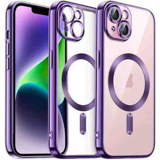 For iPhone 14 Plus Transparent Electroplated Magsafe Magnetic TPU Phone Case(Purple)