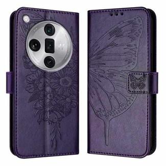 For OPPO Find X7 Ultra Embossed Butterfly Leather Phone Case(Dark Purple)