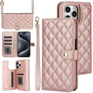 For iPhone 16 Pro Max Crossbody Multifunction Rhombic Leather Phone Case(Rose Gold)