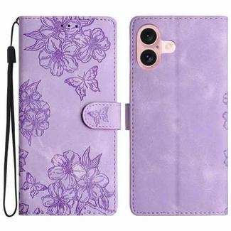 For iPhone 16 Plus Cherry Blossom Butterfly Skin Feel Embossed PU Phone Case(Purple)