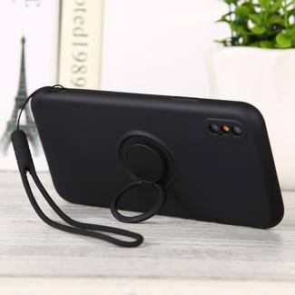 For iPhone XS Max Solid Color Liquid Silicone Shockproof Full Coverage Protective Case with Ring Holder & Lanyard(Black)