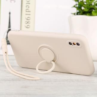 For iPhone X / XS Solid Color Liquid Silicone Shockproof Full Coverage Protective Case with Ring Holder & Lanyard(Beige)