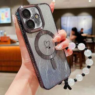 For iPhone 16 Plus Loves Leaves Gradient Glitter Bracelets Carbon Fiber Magsafe TPU Phone Case(Black)