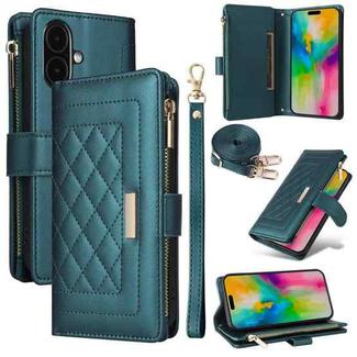 For iPhone 16 Plus Crossbody Zipper Wallet Rhombus Leather Phone Case(Green)