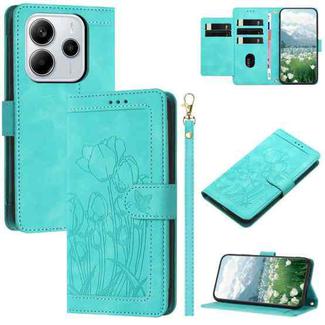 For Redmi Note 14 4G 164.84mm Tulips Embossed Leather Phone Case with Lanyard(Green)