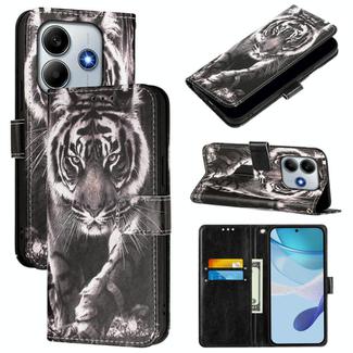 For Redmi Note 14 4G 163.25mm Colored Drawing Pattern Plain Weave Leather Phone Case(Black And White Tiger)