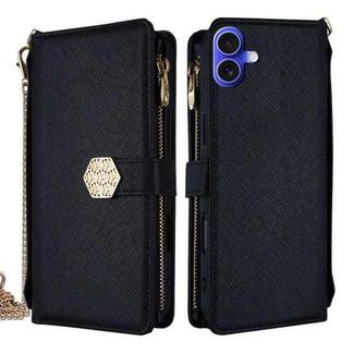 For iPhone 16 Plus Crossbody Handle Cross Texture Leather Phone Case(Black)