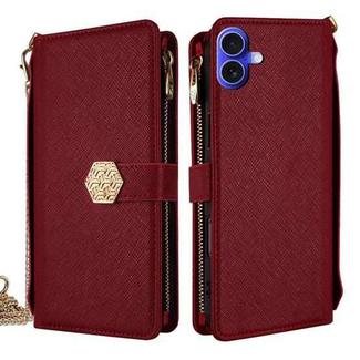 For iPhone 16 Plus Crossbody Handle Cross Texture Leather Phone Case(Red)