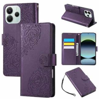 For Redmi Note 14 5G Global Rose Flower Embossed 3-Card Slots Leather Phone Case(Deep Purple)