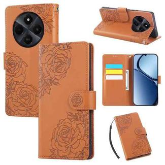 For Redmi 14C 4G Rose Flower Embossed 3-Card Slots Leather Phone Case(Brown)