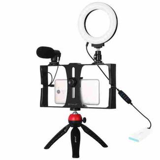 PULUZ 4 in 1 Vlogging Live Broadcast Smartphone Video Rig + 4.7 inch 12cm Ring LED Selfie Light Kits with Microphone + Tripod Mount + Cold Shoe Tripod Head for iPhone, Galaxy, Huawei, Xiaomi, HTC, LG, Google, and Other Smartphones(Red)
