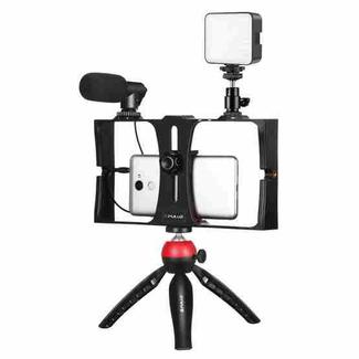 PULUZ 4 in 1 Vlogging Live Broadcast LED Selfie Fill Light Smartphone Video Rig Kits with Microphone + Tripod Mount + Cold Shoe Tripod Head for iPhone, Galaxy, Huawei, Xiaomi, HTC, LG, Google, and Other Smartphones(Red)