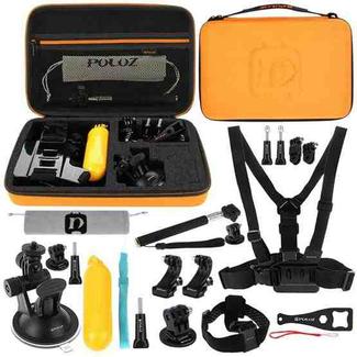 [US Warehouse] PULUZ 20 in 1 Accessories Combo Kits with Orange EVA Case (Chest Strap + Head Strap + Suction Cup Mount + 3-Way Pivot Arm + J-Hook Buckles + Extendable Monopod + Tripod Adapter + Bobber Hand Grip + Storage Bag + Wrench) for GoPro Hero11 Black / HERO10 Black / GoPro HERO9 Black / HERO8 Black / HERO7 /6 /5 /5 Session /4 Session /4 /3+ /3 /2 /1, DJI Osmo Action and Other Action Cameras