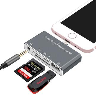 D-198 5 in 1 8 Pin to USB HUB +USB-C / Type-C + 3.5mm Earphone + SD + TF Card Reader for MacBook, PC, Laptop, Smart Phones
