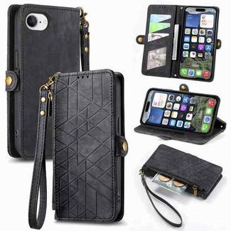 For iPhone 16e Geometric Zipper Wallet Side Buckle Leather Phone Case(Black)
