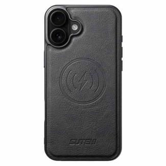 For iPhone 16 Plus Suteni G5 Litchi Leather Magnetic MagSafe Phone Case(Black)