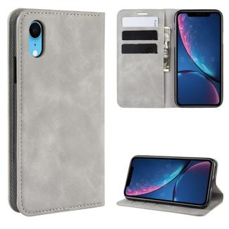 For iPhone XR Retro-skin Business Magnetic Suction Leather Case with Purse-Bracket-Chuck(Grey)