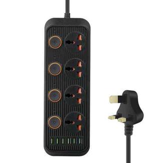 A05 2m 3000W 4 Plugs + 6-USB Ports Multifunctional Flame-Retardant Socket With Switch(UK Plug)