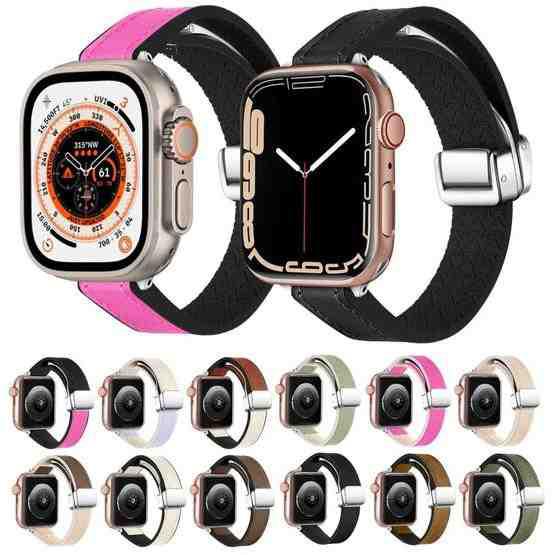 For Apple Watch Series 7 45mm Magnetic Folding Leather Silicone Watch Band(Apricot) - 3