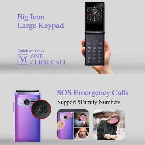 HAMTOD T8 4G Flip Phone, EU Version, 2.8 inch + 1.77 inch, VoLTE, BT, SOS, OTG(Purple) - 3