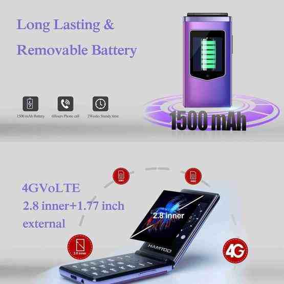 HAMTOD T8 4G Flip Phone, EU Version, 2.8 inch + 1.77 inch, VoLTE, BT, SOS, OTG(Purple) - 4