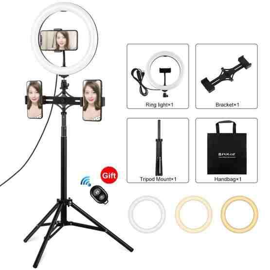Camera Accessories 1.65m Tripod Mount Dual Phone Brackets 10.2 inch 26cm Curved Surface USB 3 Modes Dimmable Dual Color Temperature Ring Vlogging Video Light Live Broadcast Kits with Phone Clamp 
