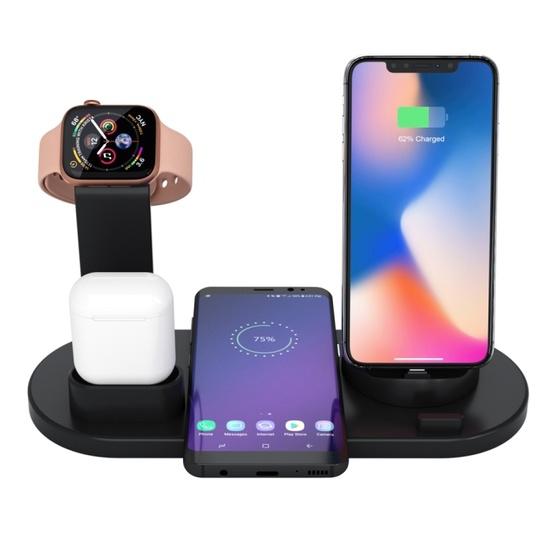 HQ-UD15 5 in 1 8 Pin + Micro USB + USB-C / Type-C Interfaces + 8 Pin Earphone Charging Interface + Wireless Charging Charger Base with Watch Stand (Black) - 1