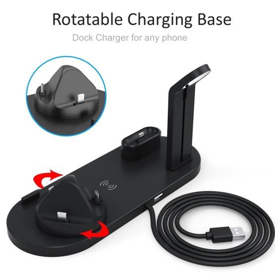 HQ-UD15 5 in 1 8 Pin + Micro USB + USB-C / Type-C Interfaces + 8 Pin Earphone Charging Interface + Wireless Charging Charger Base with Watch Stand (Black) - 2