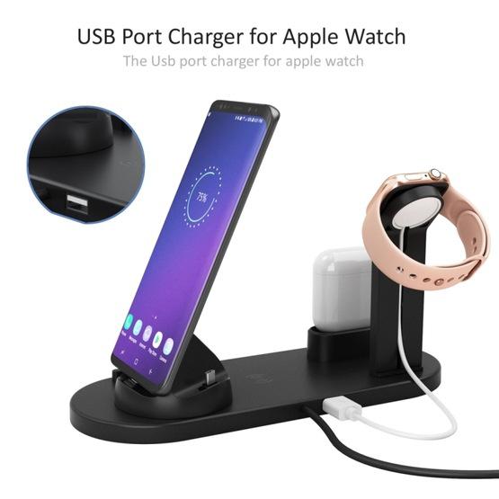 HQ-UD15 5 in 1 8 Pin + Micro USB + USB-C / Type-C Interfaces + 8 Pin Earphone Charging Interface + Wireless Charging Charger Base with Watch Stand (Black) - 4