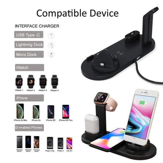 HQ-UD15 5 in 1 8 Pin + Micro USB + USB-C / Type-C Interfaces + 8 Pin Earphone Charging Interface + Wireless Charging Charger Base with Watch Stand (Black) - 5