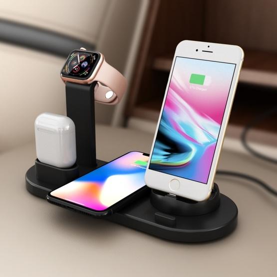 HQ-UD15 5 in 1 8 Pin + Micro USB + USB-C / Type-C Interfaces + 8 Pin Earphone Charging Interface + Wireless Charging Charger Base with Watch Stand (Black) - 8