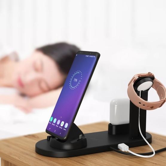 HQ-UD15 5 in 1 8 Pin + Micro USB + USB-C / Type-C Interfaces + 8 Pin Earphone Charging Interface + Wireless Charging Charger Base with Watch Stand (Black) - 9