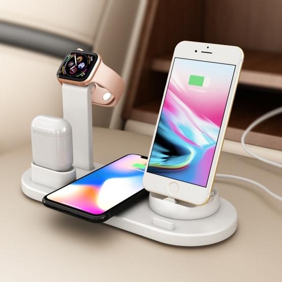HQ-UD15 5 in 1 8 Pin + Micro USB + USB-C / Type-C Interfaces + 8 Pin Earphone Charging Interface + Wireless Charging Charger Base with Watch Stand (White) - 9