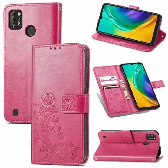 For Tecno Pop 4 Pro Four Leaf Clasp Embossed Buckle Mobile Phone Protection Leather Case With Lanyard Card Slot Wallet Bracket Function Magenta Flutter Shopping Universe