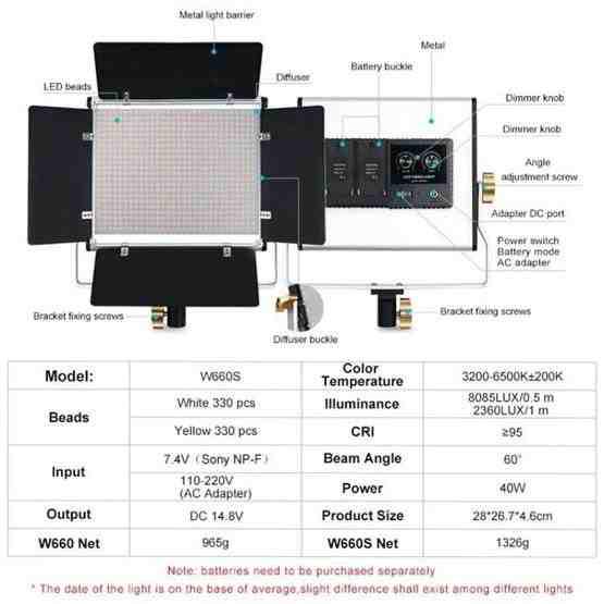VLOGLITE W660S For Video Film Recording 3200-6500K Lighting LED Video Light With Tripod, Plug:EU Plug - 8
